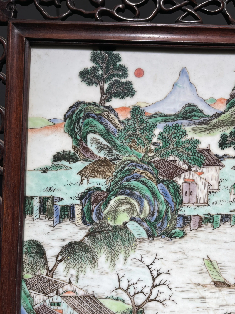清中期 五彩山水纹瓷板 - 图3